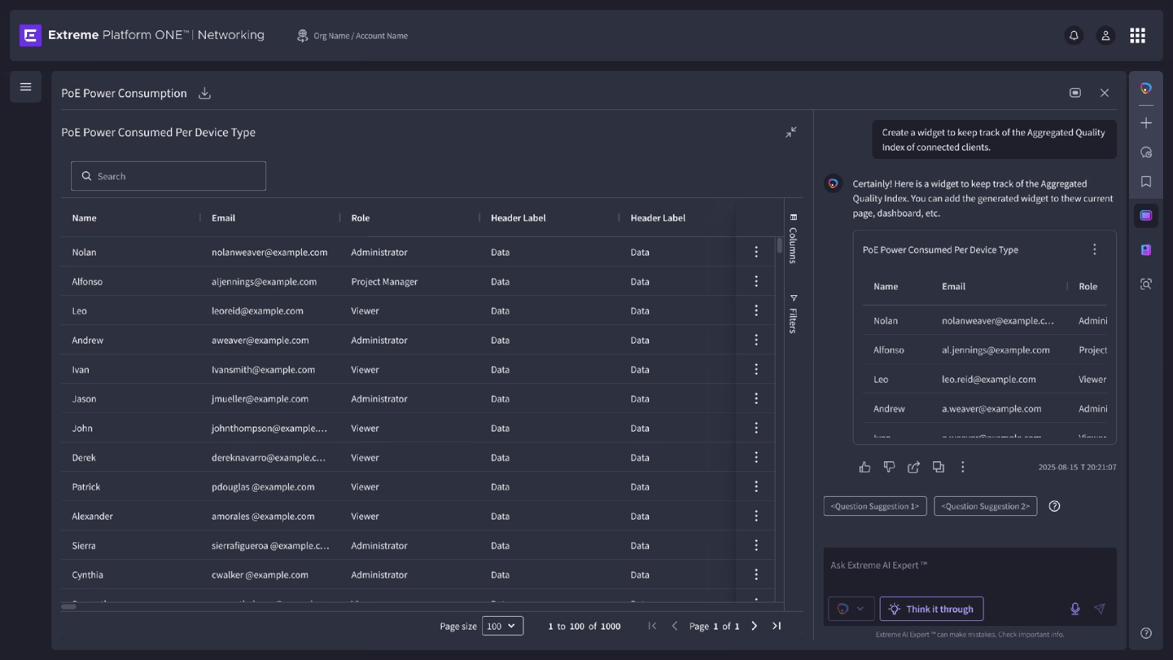GenAI canvas building a PoE power-consumption table through a chat prompt