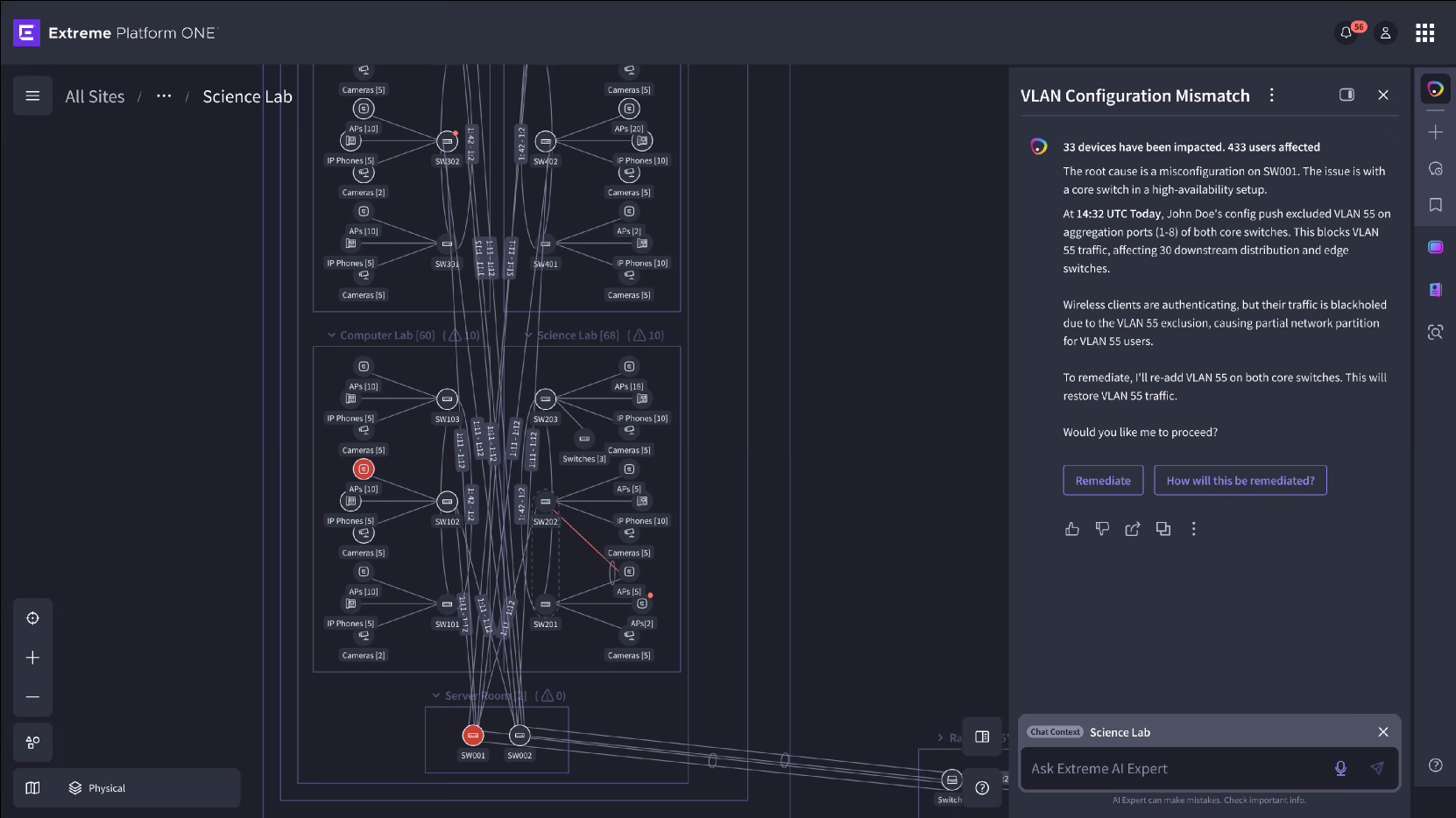 Extreme Platform ONE network topology view with an AI panel flagging a VLAN configuration mismatch