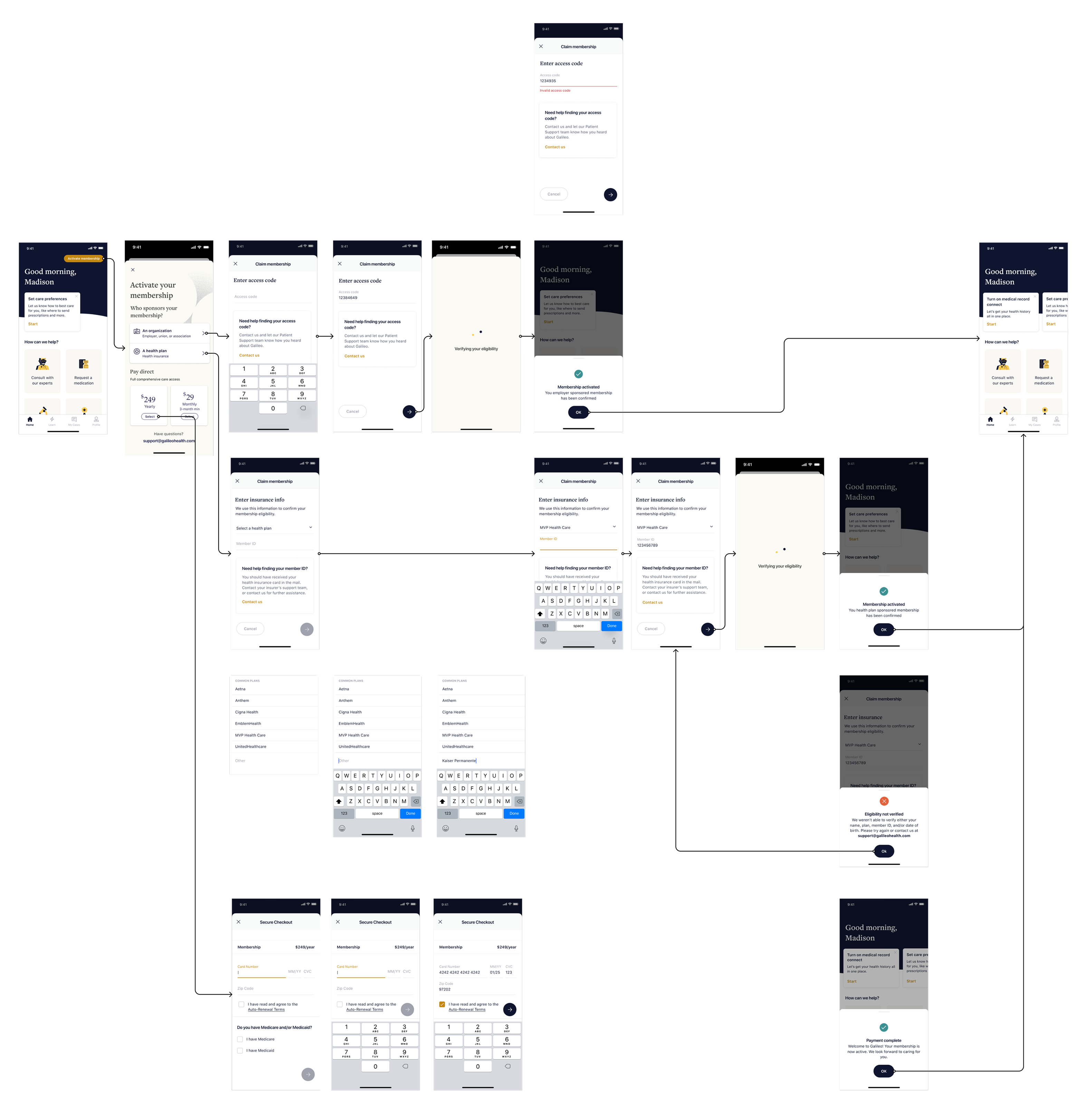 Grid of Galileo pre-case screens: home entry points, membership activation, access-code entry, identity verification, and success and error states before case submission