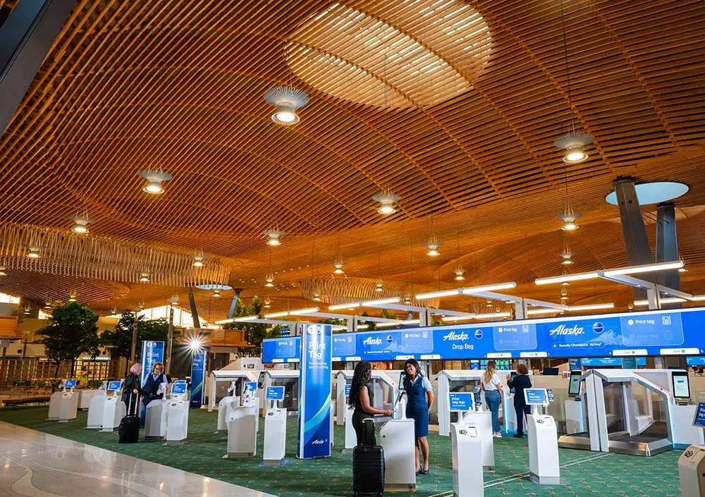 Alaska Airlines iPad-based self-service check-in in the airport lobby